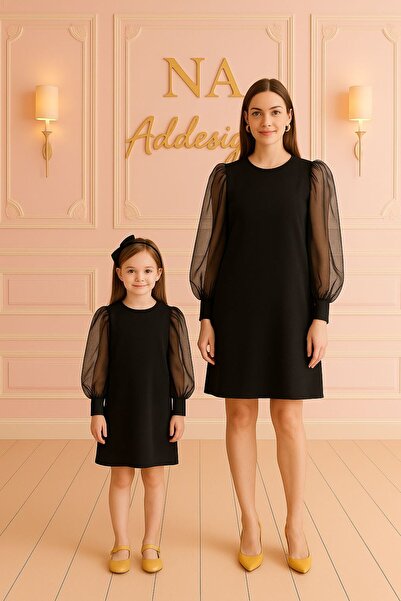 NA ADDESIGN Anne Kız Tül Kollu Siyah Elbise, Anne Kız Siyah Elbise