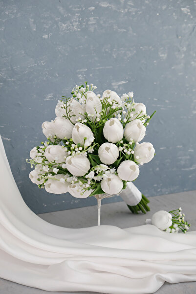 Uğur Gelin Buketi Islak Lale Romantik Beyaz Gelin Buketi