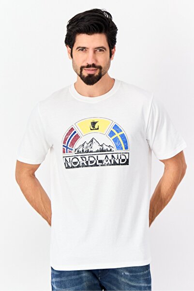 Nordland Men Crew Neck Short Sleeve Graphic Print T-Shirt, White