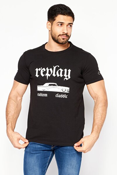 Replay Men Crew Neck Short Sleeve Graphic T-Shirt, Black/White