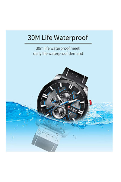 Curren 8346 Chronograph Men's Watch Black Dial with Blue Accents Leather Strap Quartz Movement