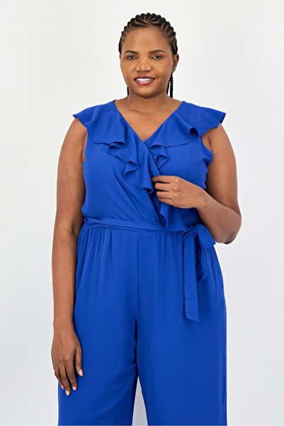 LONDON TIMES Women Plus Size Solid Sleeveless Jumpsuit, Blue