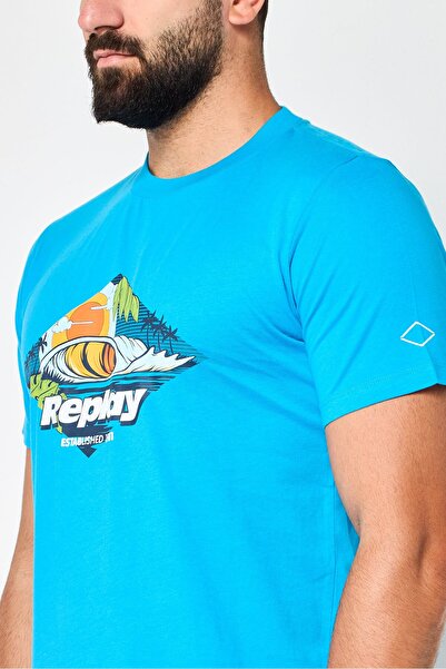 Replay Men Crew Neck Short Sleeves Graphic Print T-Shirt, Blue