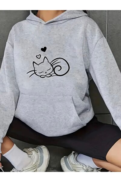 FUFLUNS سويت شيرت بقلنسوة كبير الحجم مطبوع عليه قطة UYUYAN للجنسين للنساء/الرجال