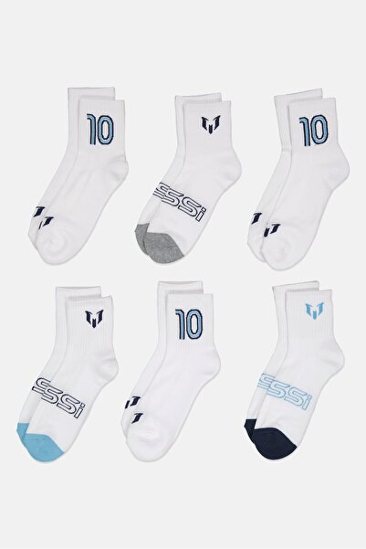 MESSİ Men 6 Pairs Brand Logo Cushioned Shortie Crews Socks, White