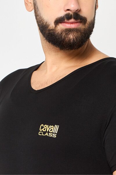 Cavalli Class Men V Neck Short Sleeve Brand Logo T-Shirt, Black