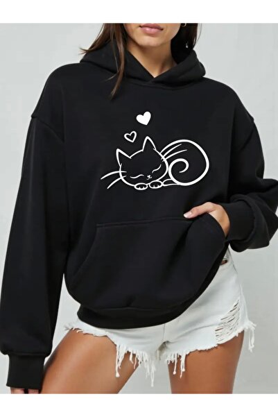 FUFLUNS Uyuyan Cat Printed Oversized Unisex Women/Men Hoodie Sweatshirt