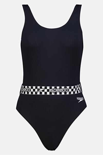 SPEEDO ملابس سباحة نسائية من قطعة واحدة بشعار العلامة التجارية، باللون الأسود