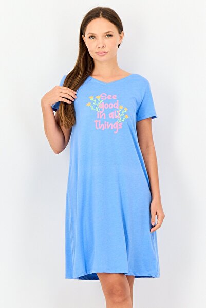 Zivame x Rosaline Women Graphic Print Short Sleeves Sleeping Dress, Light Blue