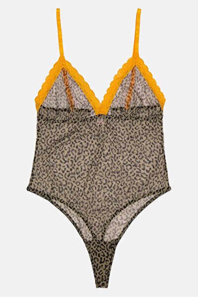 Never Fully Dressed Women Animal Print Non Padded Non Wired Bodysuit, Tan Combo