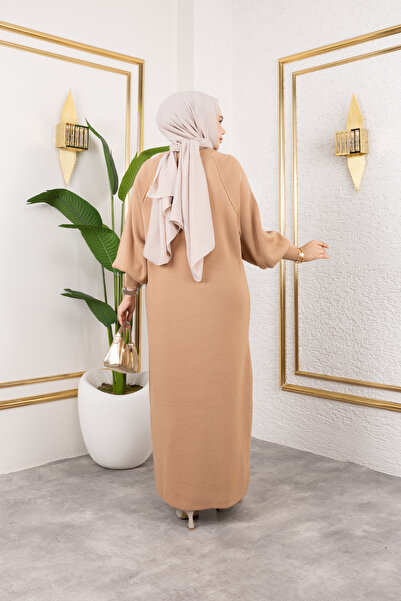 Eliva Women's Tan Balloon Sleeve Knitwear Winter Long Hijab Dress