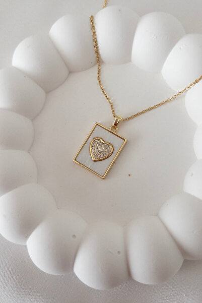 Narflake Dikdörtgen Zirkon Taş İşlemeli Plaka Kalp Tasarım Kadın Kolye