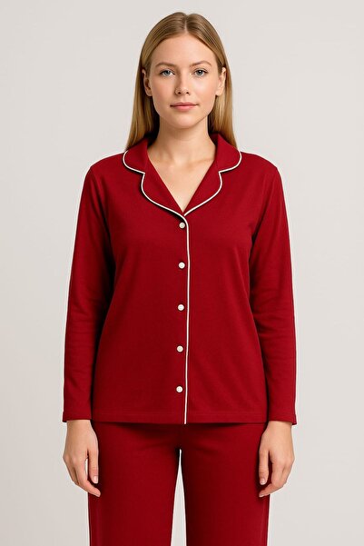 enmodaiçgiyim Claret Red Women's Cotton Pajama Set – Buttoned Long Sleeves, Relaxed Fit, 4 Seasons Comfort