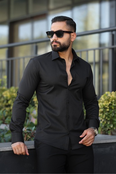 ronex Slim Fit Lycra Classic Black Men's Shirt