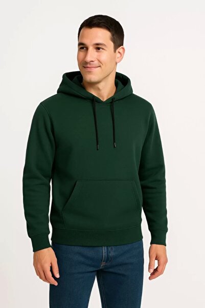 ELLA Men's Three Thread Hooded Kangaroo Pocket Sweatshirt Hoodie - Khaki