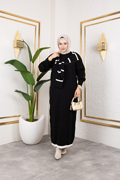 Eliva Women's Black Scarf Detailed Winter Knitwear Hijab Dress