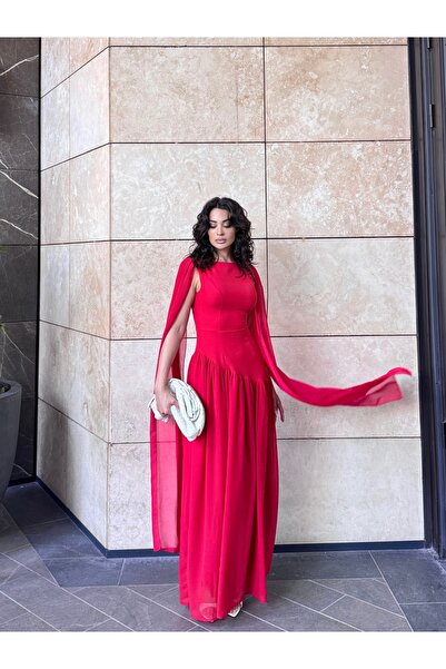 LOCH BUTİK Women's Red Maxi Cape Tied Zippered Dress