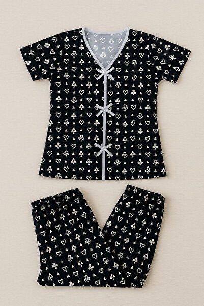 MODANI SEÇ Women's Black and White Heart Patterned Bow Short Sleeve Pajama Set