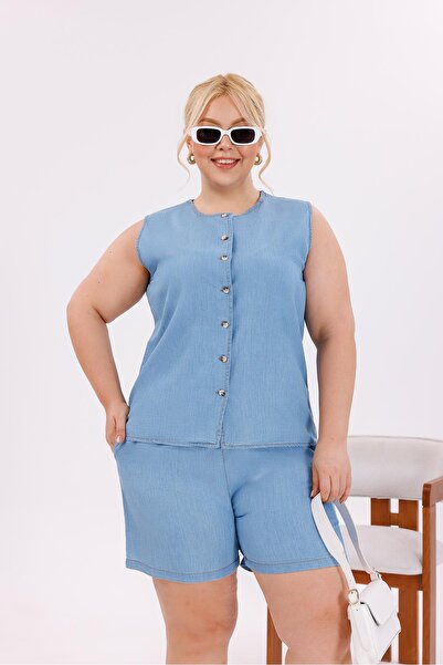 Siyezen Plus Size Buttoned Shorts Jean Suit