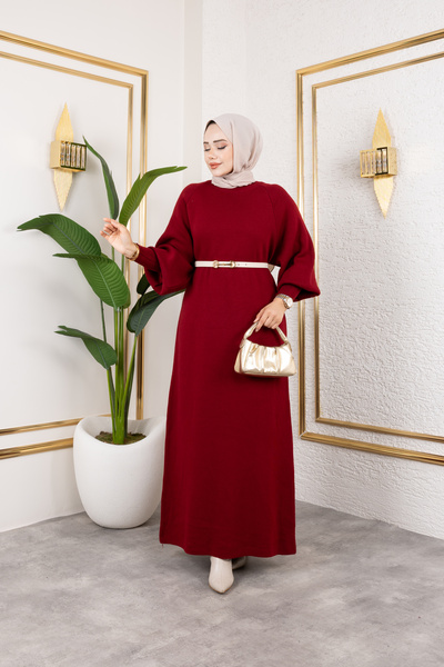 Eliva Women's Burgundy Balloon Sleeve Knitwear Winter Long Hijab Dress