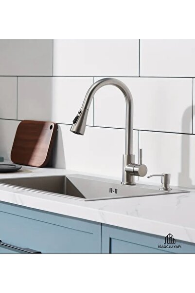 İSAOĞLU YAPI Mat Krom Spiralli Mutfak Bataryası ve Ankastre Sabunluk Seti İnox Leke Yapmayan İz Bırakmayan Musluk
