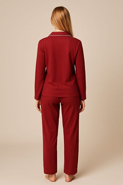 enmodaiçgiyim Claret Red Women's Cotton Pajama Set – Buttoned Long Sleeves, Relaxed Fit, 4 Seasons Comfort