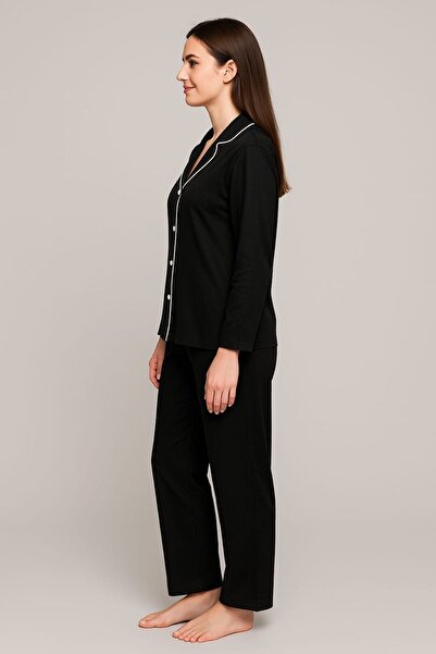 enmodaiçgiyim Black Women's Cotton Pajama Set – Button-Down Long Sleeve, Relaxed Fit, 4-Season Comfort