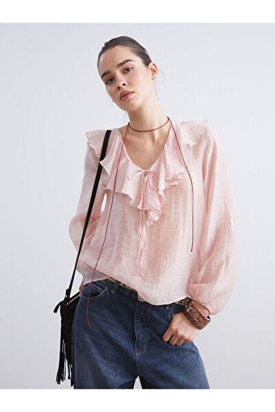 LC Waikiki Lcw Vision Pink V-Neck Ruffled Chiffon Blouse