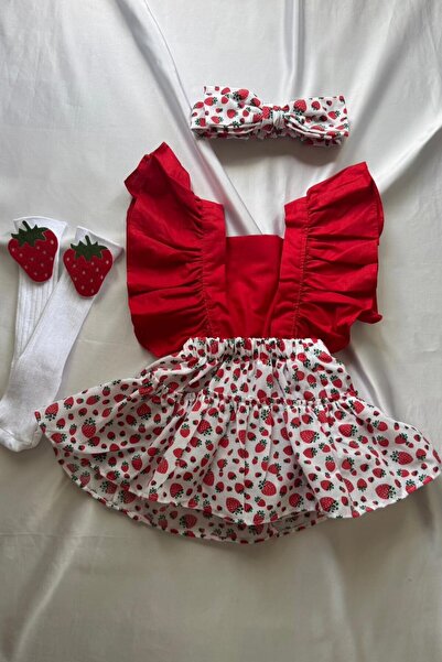 Al Ver Gülüm Kız Bebek Çilek Desenli Salopet Bandana ve Çorap 3'lü Set