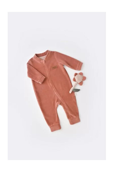 BabyCosy Long-sleeve jumpsuit with zipper made of 80% cotton and 20% polyester - Brick