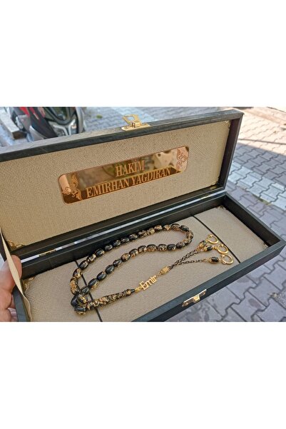 Doğaltaş Tesbihler altın warak parcacıklı kehrıbar tesbıh isme özel gümüş isimli püsküllü yazılı özel kutulu