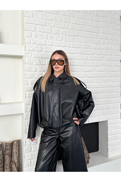 Ekim Store oversized Δερμάτινο μπουφάν με φερμουάρ και πατλάκια