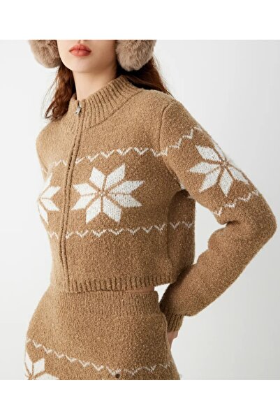ARDSU Cider Front Zipper, Stand Collar, Short Knitted Cardigan,