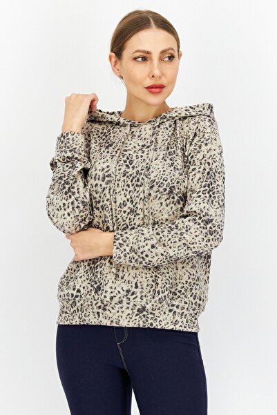 Sundry Women Hooded Long Sleeve Animal Print Sweatshirt, Beige