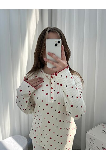 Lena Homewears Red Heart Patterned Ecru Berlin Pajama Set