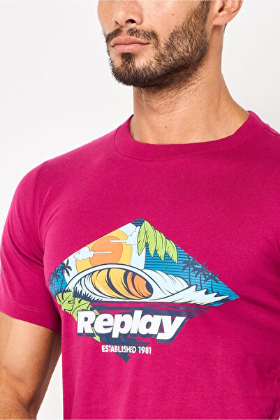 Replay Men Crew Neck Short Sleeve Graphic Print T-Shirt, Dark Pink