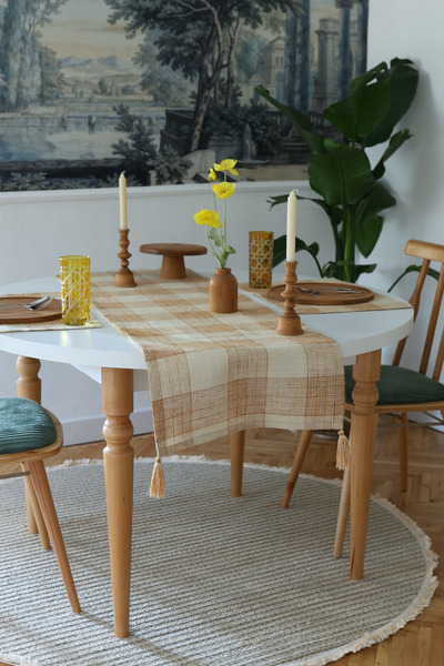 Yakacihome Jute Cinnamon 5 Pieces |   4 Piece Placemat & 1 Piece Tufted Runner Jute Fabric Table Setting