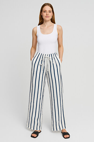 SheLoria بنطلون نسائي من مودال باللون الأزرق الداكن والأبيض مخطط بحزام مطاطي ...