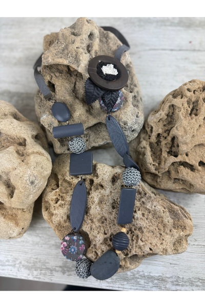 SEDEF TAKI Füme tasarım ahşap uzun kolye