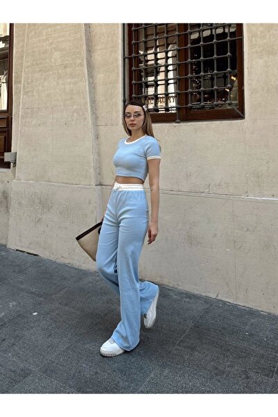 HepsitrentStore Crew Neck Short Sleeve Crop Blouse Lace-Up Trousers Double Set