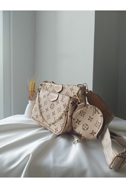 Women's Powder Cream Leather Mix Pattern 3-Piece Hand Shoulder and Crossbody Bag