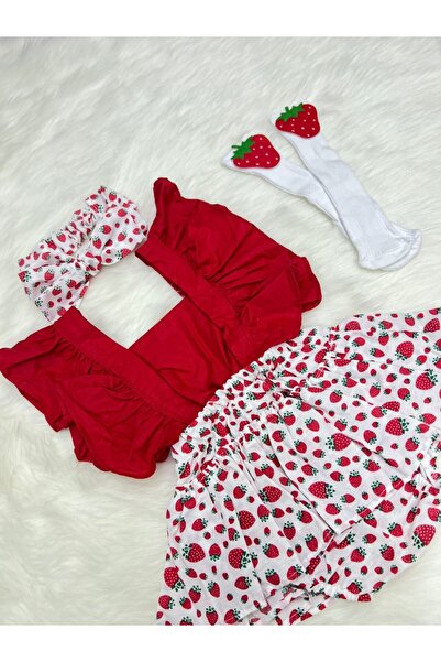 Al Ver Gülüm Kız Bebek Çilek Desenli Salopet Bandana ve Çorap 3'lü Set