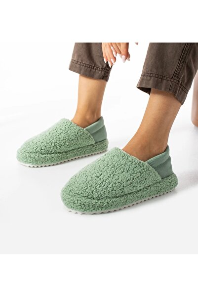 İpek kadın Mint yeşil arkası lastikli Pofuduk peluş kaydırmaz taban Panduf ev ayakkabısı