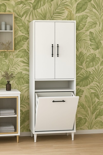 DZGN HOME Kirli Sepetli 2 Kapaklı 3 Raflı Çok Amaçlı Ahşap Banyo Dolabı, Bany...