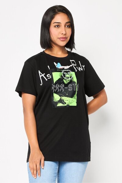 Diesel Women Round Neck Short Sleeve Graphic Print T-Shirt, Black