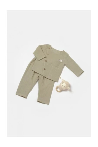 BabyCosy Set Bluza cu Nasturi si Pantaloni, Winter muselin, 100% Bumbac - Verde,