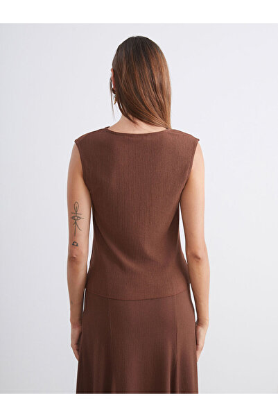 LC Waikiki Brown Draped Collar Textured Blouse