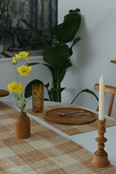 Yakacihome Jute Cinnamon 5 Pieces |   4 Piece Placemat & 1 Piece Tufted Runner Jute Fabric Table Setting