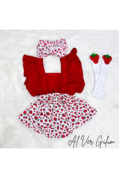 Al Ver Gülüm Kız Bebek Çilek Desenli Salopet Bandana ve Çorap 3'lü Set
