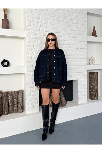 Ekim Store سترة دينم باللون الأزرق الداكن مع جيوب كبيرة